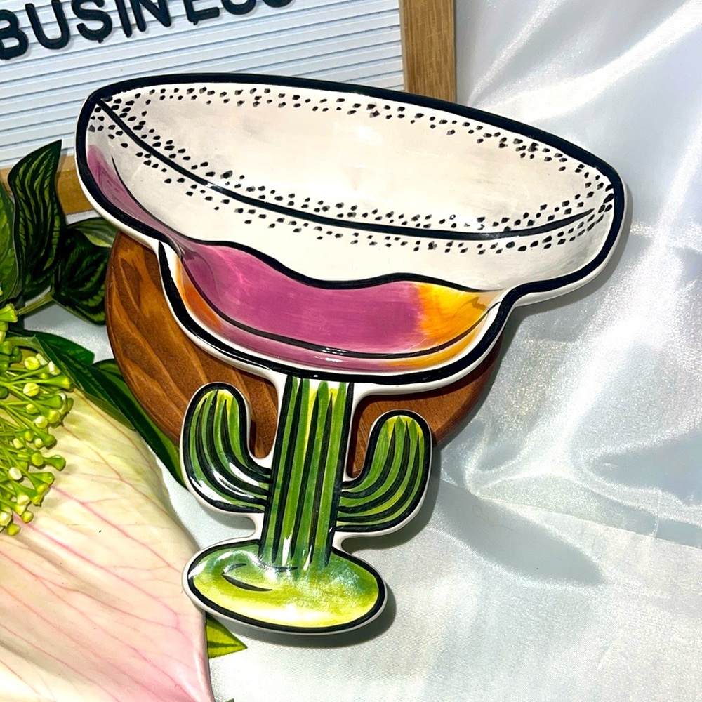 Clay Art Margarita Cactus Ceramic Dish – Fun Novelty Server – pink & Yellow